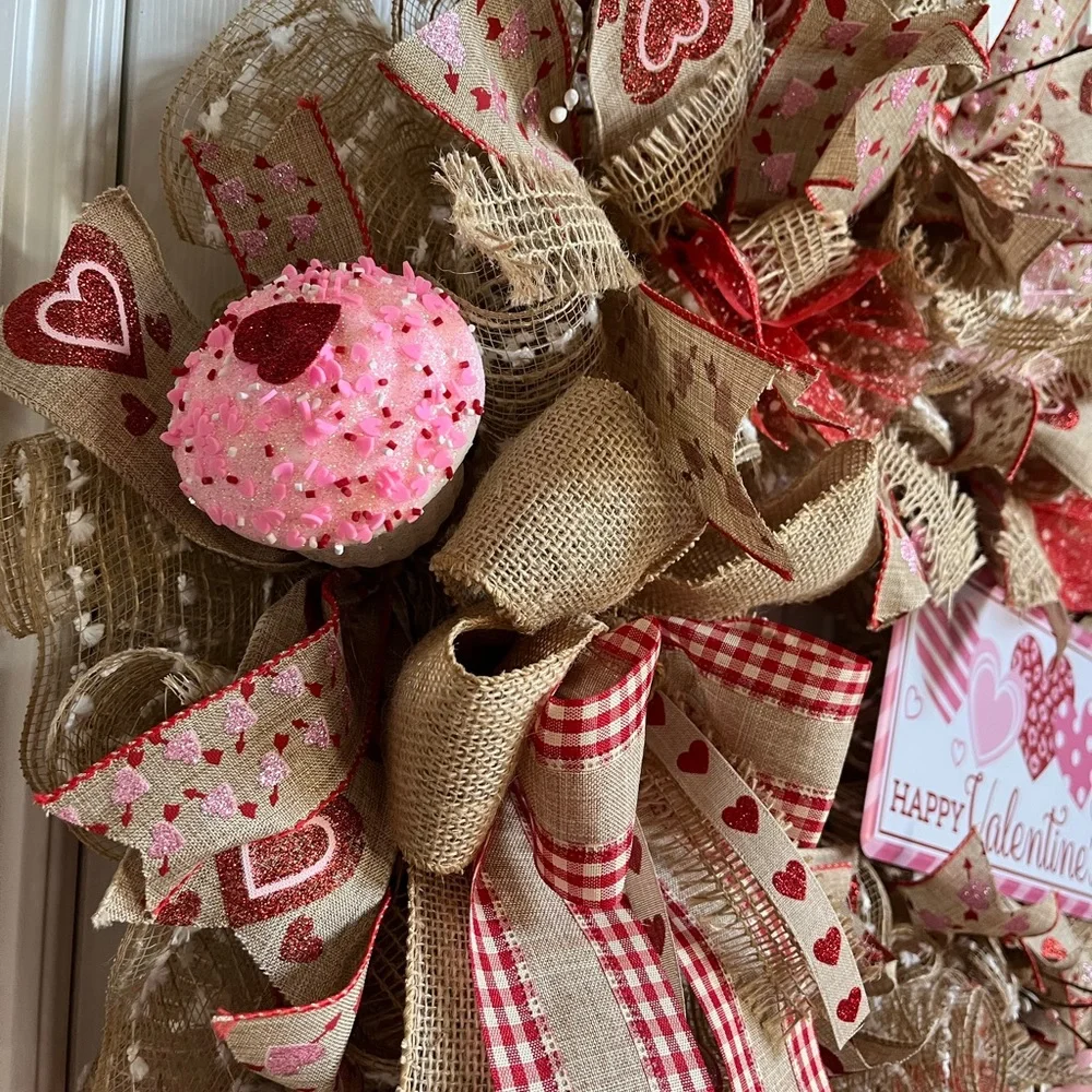 HUGE Valentines Day Wreath 28” Burlap Farmhouse Rustic Pink Red Hearts XLARGE